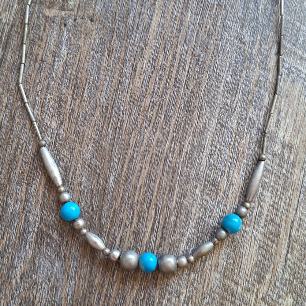Navaho Style Vintage Silver and Turquoise Beaded Necklace